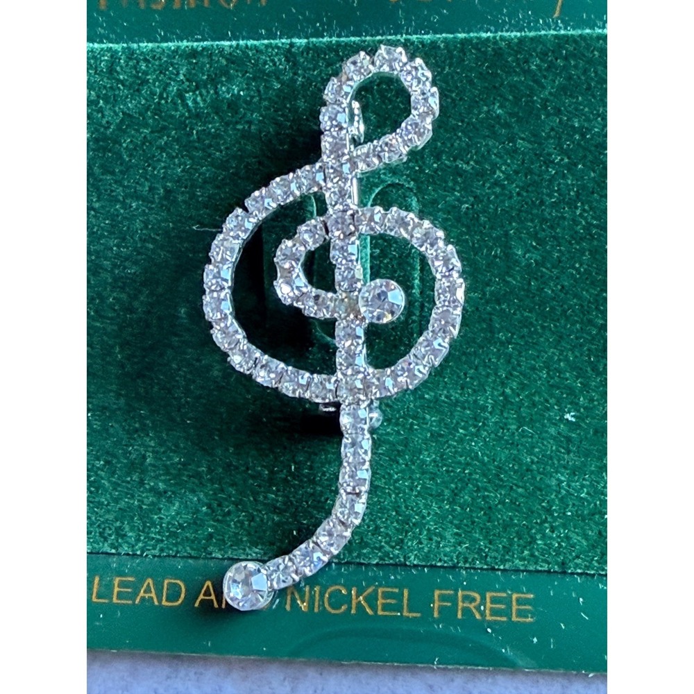 Silver Tone Treble Clef Musical Note Rhinestone Brooch Pin Lead Nickel Free